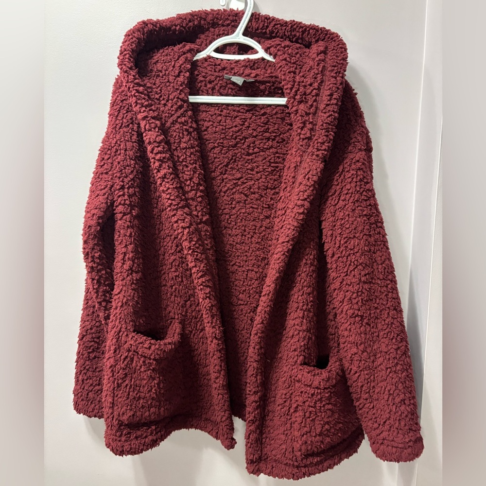 Eddie Bauer Campfire Plush Fleece Burgundy Sherpa Open Front Hooded Cardigan
